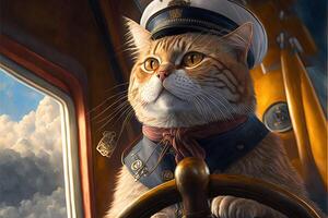 captain sailor cat on its sailboat illutsration photo