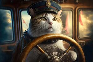 captain sailor cat on its sailboat illutsration photo