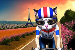 linda ciclista gato montando bicicleta a el excursión Delaware Francia y ciclismo ilustración generativo ai foto