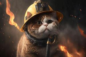 cat in a fireman suit and outfit in action against fire illustration photo