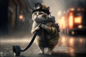 cat in a fireman suit and outfit in action against fire illustration photo