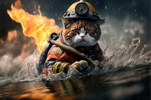 cat in a fireman suit and outfit in action against fire illustration photo