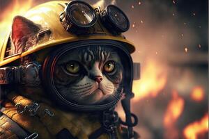 cat in a fireman suit and outfit in action against fire illustration photo