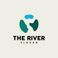 diseño del logo del río, vector de la cala del río, ilustración de la orilla del río con una combinación de montañas y naturaleza, marca de producto