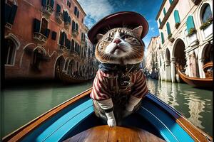 gato como gondolero con típico rayas uniforme en góndola en Venecia canales ilustración generativo ai foto