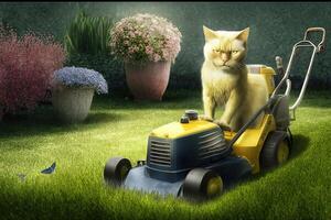 gardeneer cat with mower working job profession illustration photo