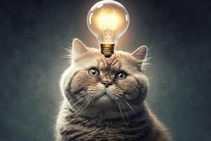 Cat genius with idea bulb lamp light above head illustration photo