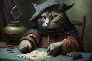 fortuna cajero gato con tarot tarjetas y vela ilustración generativo ai foto
