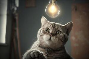 Cat genius with idea bulb lamp light above head illustration photo