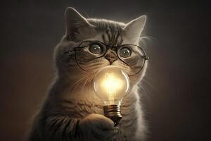 Cat genius with idea bulb lamp light above head illustration photo