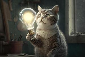 Cat genius with idea bulb lamp light above head illustration photo