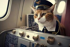 Cat As flight attendant wearing hostess uniform inside plane cabin flying around the world illustration photo