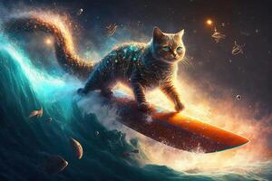 Cat Surfing On Galaxy illustration photo