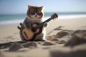 Cat playing a guitar on a deserted beach illustration photo