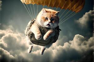 Cat skydriver. Flying with parachute parachuting illustration photo