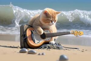 Cat playing a guitar on a deserted beach illustration photo