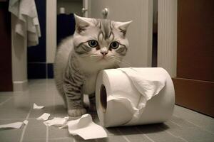 gato jugando con baño papel ilustración generativo ai foto