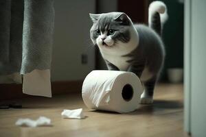 gato jugando con baño papel ilustración generativo ai foto