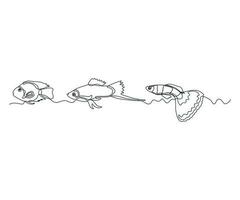 group,set,three in a row,a flock of abstract aquarium fish Continuous One Line Drawing vector