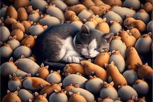 cat sleeping surrounded by mice mouses illustration photo