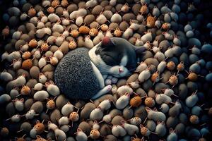 cat sleeping surrounded by mice mouses illustration photo