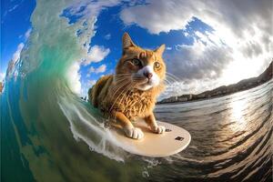 cat surfing in hawaii like a pro surger illustration photo