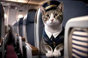 Cat As flight attendant wearing hostess uniform inside plane cabin flying around the world illustration photo