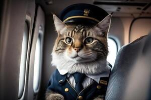 mayordomo gato como vuelo asistente vistiendo anfitriona uniforme dentro avión cabina volador alrededor el mundo ilustración generativo ai foto