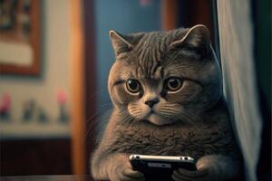 cat using smartphone. Concept for pets using technology, or animals imitating humans. illustration photo