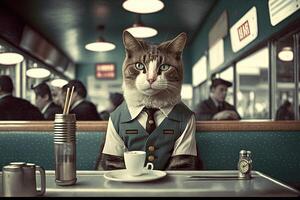 cat in a diner waiter working job profession illustration photo