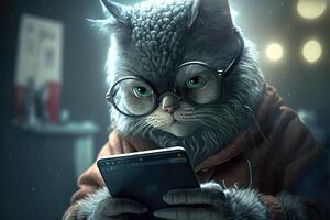 gato utilizando teléfono inteligente concepto para mascotas utilizando tecnología, o animales imitando humanos ilustración generativo ai foto