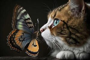 gato con gigante mariposa en nariz ilustración generativo ai foto