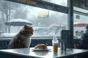 cat in a diner outside raining illustration photo