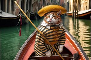 Cat as gondolier with typical stripes uniform on gondola in venice canals illustration photo