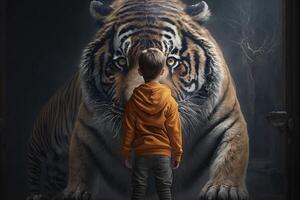 kid facing a tiger illustration photo