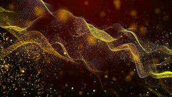 3D abstract digital technology animated orange-yellow light particles on red gradient background. video