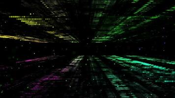 3D abstract digital technology animated multicolored light particles on black background. video