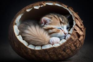 Cute kitten cat sleeping inside half coconut nut illustration photo