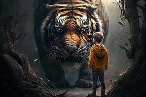 kid facing a tiger illustration photo