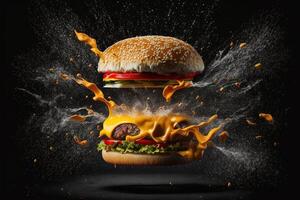 Delicious burger exploding in front of the camera with floating ingredients on black background illustration photo