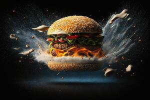 Delicious burger exploding in front of the camera with floating ingredients on black background illustration photo