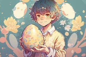 niño participación un pastel - de colores Pascua de Resurrección huevo, con un borroso antecedentes de otro huevos y flores, manga estilo ilustración generativo ai foto