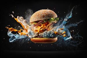 delicioso hamburguesa explotando en frente de el cámara con flotante ingredientes en negro antecedentes ilustración generativo ai foto