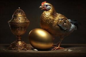 Image of hen chicken making golden egg illustration photo