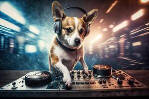 Dog animal is a resident dj in the club People dancing on background illustration photo