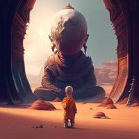 baby buddhist monk praying in front of buddah statue illustration photo