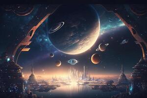 city floating in space with habitats connected by bridges and space elevators, and surrounded by stars and other celestial objects illustration photo