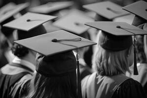 grupo de graduados durante comienzo a el Universidad cerca arriba a graduado gorra ilustración generativo ai foto