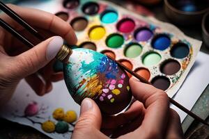 Close - up of a hand holding a freshly painted Easter egg, with a brush and a palette of vibrant colors nearby Easter illustration photo