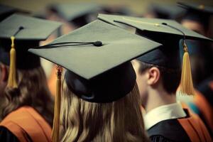 group of graduates during commencement at the college close up at graduate cap illustration photo